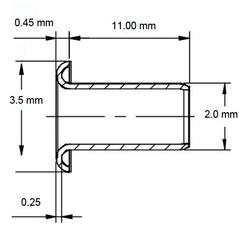 legatoria Occhiello unificato OttoneNICHELATO. altezza 11mm OU NICHELATO per fori diametro 2mm. Testa diametro 3,5mm, spessore materiale: 0,25mm.