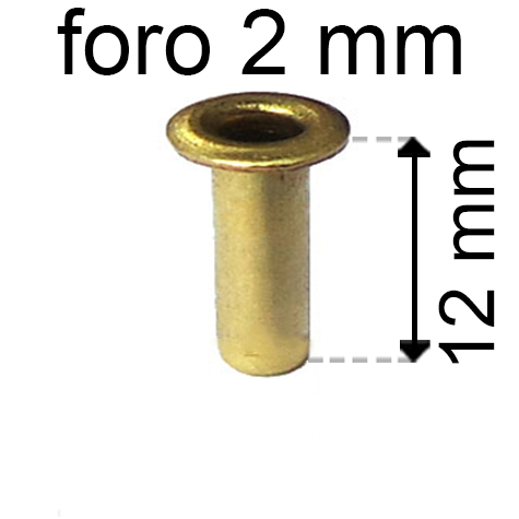 legatoria Occhiello unificato ottone, altezza 12mm (OU) per fori diametro 2mm. Testa diametro 3,5mm, spessore materiale: 0,25mm.