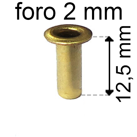 legatoria Occhiello unificato ottone, altezza 12,5mm (OU) per fori diametro 2mm. Testa diametro 3,5mm, spessore materiale: 0,25mm.