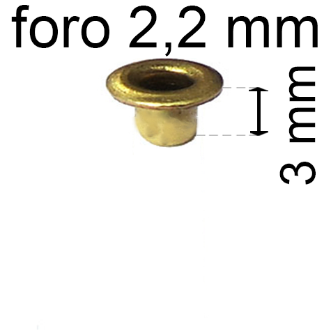 legatoria Occhiello unificato ottone, altezza 3mm (OU) per fori diametro 2,2mm. Testa diametro 3,7mm, spessore materiale: 0,25mm.
