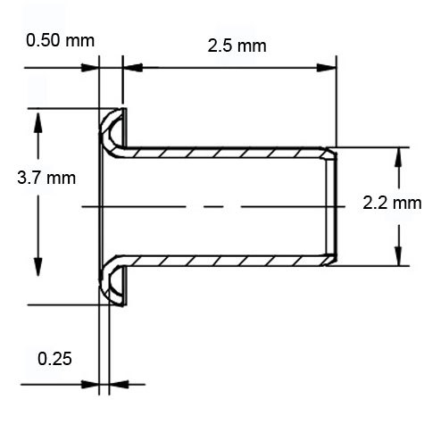 legatoria Occhiello unificato ottone, altezza 3mm (OU) per fori diametro 2,2mm. Testa diametro 3,7mm, spessore materiale: 0,25mm.