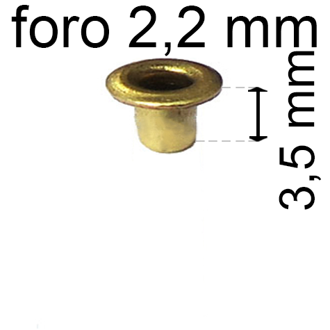 legatoria Occhiello unificato ottone, altezza 3,5mm (OU) per fori diametro 2,2mm. Testa diametro 3,7mm, spessore materiale: 0,25mm.
