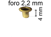 legatoria Occhiello unificato ottone, altezza 4mm (OU) per fori diametro 2,2mm. Testa diametro 3,7mm, spessore materiale: 0,25mm eug44