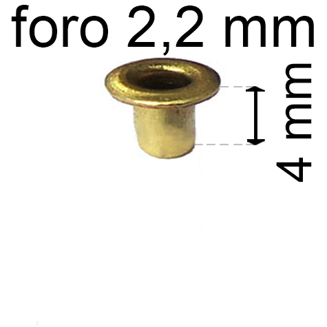 legatoria Occhiello unificato ottone, altezza 4mm (OU) per fori diametro 2,2mm. Testa diametro 3,7mm, spessore materiale: 0,25mm.