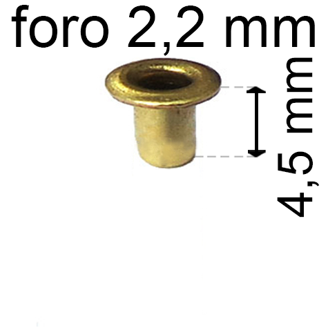 legatoria Occhiello unificato ottone, altezza 4,5mm (OU) per fori diametro 2,2mm. Testa diametro 3,7mm, spessore materiale: 0,25mm.