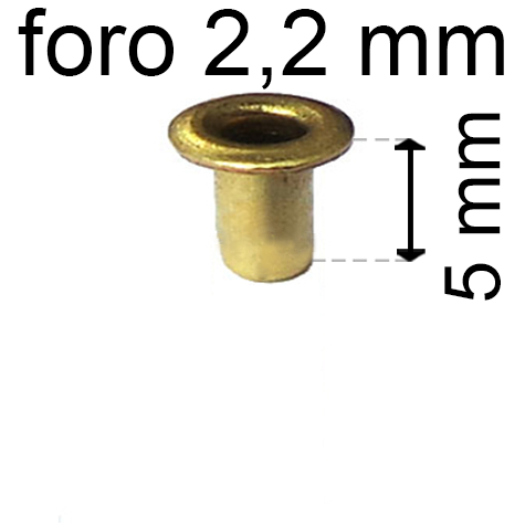 legatoria Occhiello unificato ottone, altezza 5mm (OU) per fori diametro 2,2mm. Testa diametro 3,7mm, spessore materiale: 0,25mm.