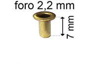 legatoria Occhiello unificato ottone, altezza 7mm (OU) per fori diametro 2,2mm. Testa diametro 3,7mm, spessore materiale: 0,25mm eug48