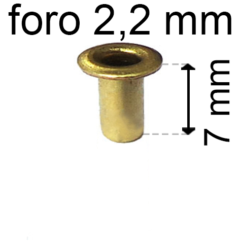 legatoria Occhiello unificato ottone, altezza 7mm (OU) per fori diametro 2,2mm. Testa diametro 3,7mm, spessore materiale: 0,25mm.