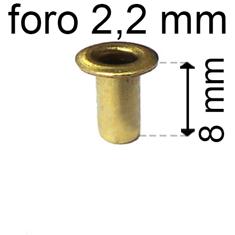 legatoria Occhiello unificato ottone, altezza 8mm (OU) per fori diametro 2,2mm. Testa diametro 3,7mm, spessore materiale: 0,25mm.