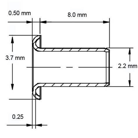 legatoria Occhiello unificato ottone, altezza 8mm (OU) per fori diametro 2,2mm. Testa diametro 3,7mm, spessore materiale: 0,25mm.