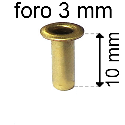 legatoria Occhiello unificato ottone, altezza 10mm (OU) per fori diametro 3mm. Testa diametro 5mm, spessore materiale: 0,3mm.