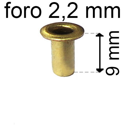 legatoria Occhiello unificato ottone, altezza 9mm (OU) per fori diametro 2,2mm. Testa diametro 3,7mm, spessore materiale: 0,25mm.