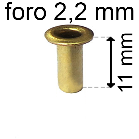 legatoria Occhiello unificato ottone, altezza 11mm (OU) per fori diametro 2,2mm. Testa diametro 3,7mm, spessore materiale: 0,25mm.