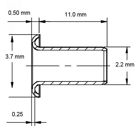 legatoria Occhiello unificato ottone, altezza 11mm (OU) per fori diametro 2,2mm. Testa diametro 3,7mm, spessore materiale: 0,25mm.