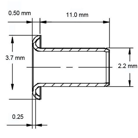 legatoria Occhiello unificato OttoneNICHELATO. altezza 11mm OU NICHELATO per fori diametro 2,2mm. Testa diametro 3,7mm, spessore materiale: 0,25mm.