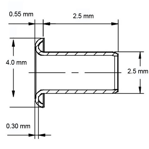 legatoria Occhiello unificato OttoneNICHELATO. altezza 2.5mm OU NICHELATO per fori diametro 2,5mm. Testa diametro 4mm, spessore materiale: 0,3mm.