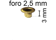 legatoria Occhiello unificato ottone, altezza 3mm (OU) per fori diametro 2,5mm. Testa diametro 4mm, spessore materiale: 0,3mm eug53