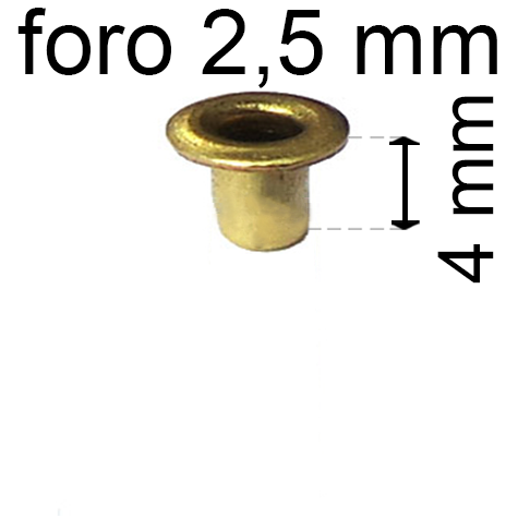 legatoria Occhiello unificato ottone, altezza 4mm (OU) per fori diametro 2,5mm. Testa diametro 4mm, spessore materiale: 0,3mm.