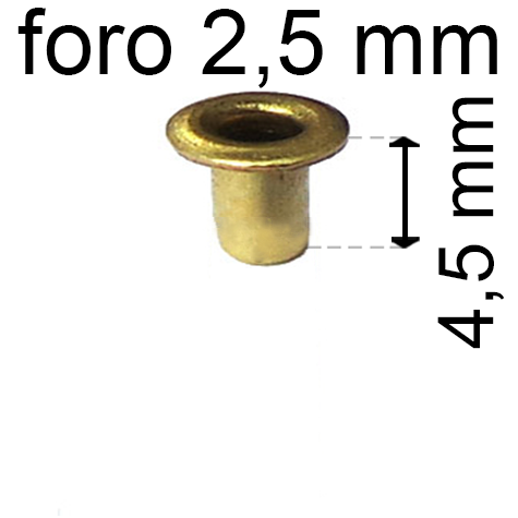legatoria Occhiello unificato ottone, altezza 4,5mm (OU) per fori diametro 2,5mm. Testa diametro 4mm, spessore materiale: 0,3mm.