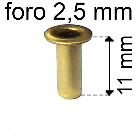 legatoria Occhiello unificato ottone, altezza 11mm (OU) per fori diametro 2,5mm. Testa diametro 4mm, spessore materiale: 0,3mm.