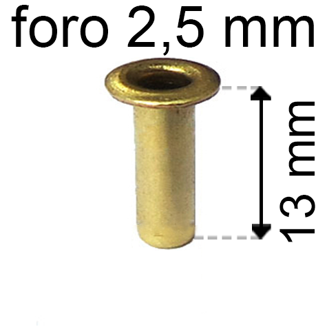 legatoria Occhiello unificato ottone, altezza 13mm (OU) per fori diametro 2,5mm. Testa diametro 4mm, spessore materiale: 0,3mm.