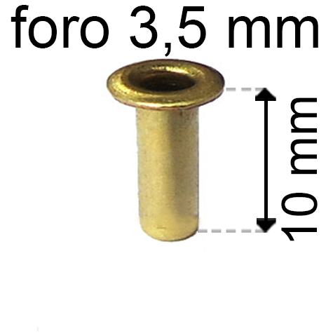 legatoria Occhiello unificato ottone, altezza 10mm (OU) per fori diametro 3.5mm. Testa diametro 5,5mm, spessore materiale: 0,3mm.
