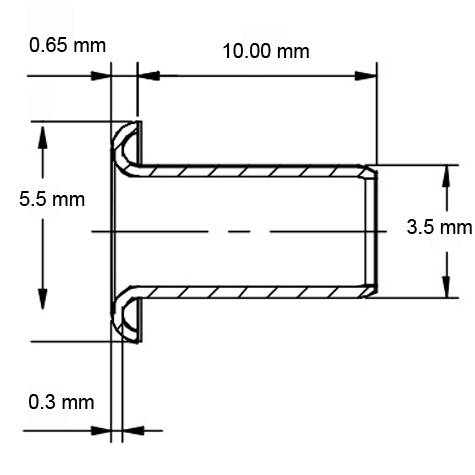 legatoria Occhiello unificato OttoneNICHELATO. altezza 10mm OU NICHELATO per fori diametro 3,5mm. Testa diametro 5,5mm, spessore materiale: 0,3mm.