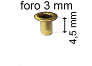 legatoria Occhiello unificato ottone, altezza 4,5mm (OU) per fori diametro 3mm. Testa diametro 5mm, spessore materiale: 0,3mm eug75
