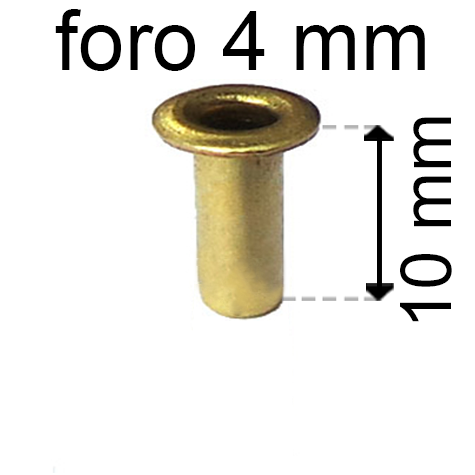 legatoria Occhiello unificato ottone, altezza 10mm (OU) per fori diametro 4mm. Testa diametro 6mm, spessore materiale: 0,3mm.
