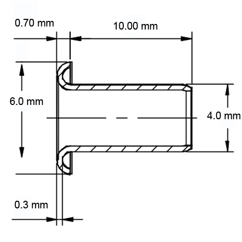 legatoria Occhiello unificato OttoneNICHELATO. altezza 10mm OU NICHELATO per fori diametro 4mm. Testa diametro 6mm, spessore materiale: 0,3mm.