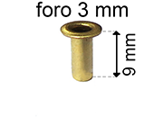 legatoria Occhiello unificato ottone, altezza 9mm (OU) per fori diametro 3mm. Testa diametro 5mm, spessore materiale: 0,3mm eug82