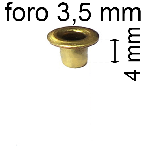 legatoria Occhiello unificato ottone, altezza 4mm (OU) per fori diametro 3.5mm. Testa diametro 5,5mm, spessore materiale: 0,3mm.