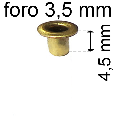 legatoria Occhiello unificato ottone, altezza 4,5mm (OU) per fori diametro 3.5mm. Testa diametro 5,5mm, spessore materiale: 0,3mm.