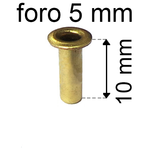 legatoria Occhiello unificato ottone, altezza 10mm (OU) per fori diametro 5mm. Testa diametro 7,5mm, spessore materiale: 0,3mm.