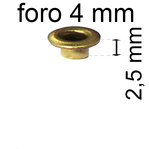 legatoria Occhiello unificato ottone, altezza 2,5mm (OU) per fori diametro 4mm. Testa diametro 6mm, spessore materiale: 0,3mm.