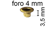 legatoria Occhiello unificato ottone, altezza 3,5mm (OU) per fori diametro 4mm. Testa diametro 6mm, spessore materiale: 0,3mm.