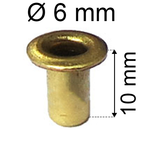 legatoria Occhiello unificato ottone, altezza 10mm (OU) per fori diametro 6mm. Testa diametro 8mm, spessore materiale: 0,3mm.