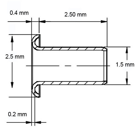 legatoria Occhiello unificato ottone, altezza 2,5mm (OU) per fori diametro 1.5mm. Testa diametro 2,5mm, spessore materiale: 0,2mm.