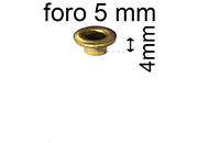 legatoria Occhiello unificato ottone, altezza 4mm (OU) per fori diametro 5mm. Testa diametro 7,5mm, spessore materiale: 0,3mm eug148