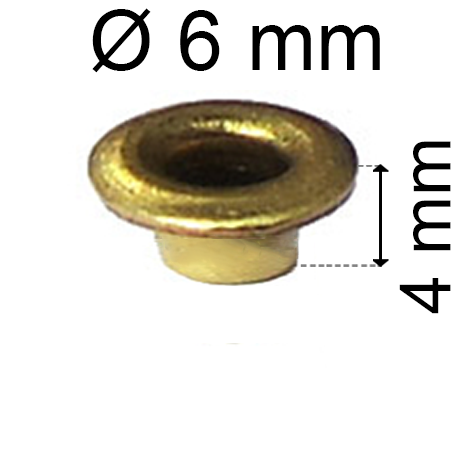 legatoria Occhiello unificato ottone, altezza 4mm (OU) per fori diametro 6mm. Testa diametro 8mm, spessore materiale: 0,3mm.