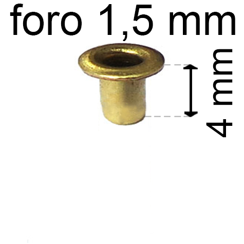 legatoria Occhiello unificato ottone, altezza 4mm (OU) per fori diametro 1.5mm. Testa diametro 2,5mm, spessore materiale: 0,2mm.