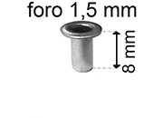 legatoria Occhiello unificato OttoneNICHELATO. altezza 8mm OU NICHELATO per fori diametro 1.5mm. Testa diametro 2,5mm, spessore materiale: 0,2mm.