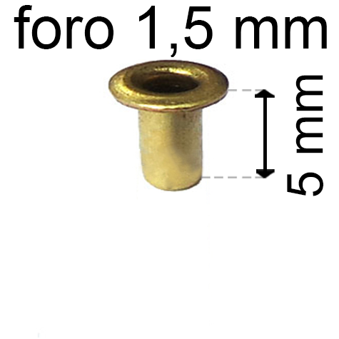 legatoria Occhiello unificato ottone, altezza 5mm (OU) per fori diametro 1.5mm. Testa diametro 2,5mm, spessore materiale: 0,2mm.