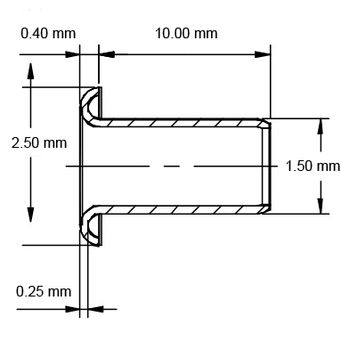 legatoria Occhiello unificato ottone, altezza 10mm (OU) per fori diametro 1.5mm. Testa diametro 2,5mm, spessore materiale: 0,2mm.