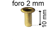 legatoria Occhiello unificato ottone, altezza 10mm (OU) per fori diametro 2mm. Testa diametro 3,5mm, spessore materiale: 0,25mm eug2