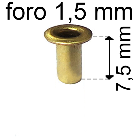 legatoria Occhiello unificato ottone, altezza 7,5mm (OU) per fori diametro 1.5mm. Testa diametro 2,5mm, spessore materiale: 0,2mm.