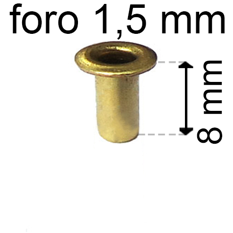 legatoria Occhiello unificato ottone, altezza 8mm (OU) per fori diametro 1.5mm. Testa diametro 2,5mm, spessore materiale: 0,2mm.