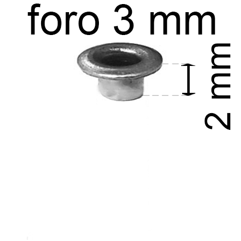 legatoria Occhiello unificato OttoneNICHELATO. altezza 2mm OU NICHELATO per fori diametro 3mm. Testa diametro 5mm, spessore materiale: 0,3mm.