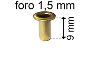 legatoria Occhiello unificato ottone, altezza 9mm (OU) per fori diametro 1.5mm. Testa diametro 2,5mm, spessore materiale: 0,2mm eug24