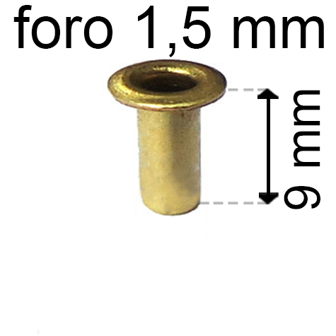 legatoria Occhiello unificato ottone, altezza 9mm (OU) per fori diametro 1.5mm. Testa diametro 2,5mm, spessore materiale: 0,2mm.